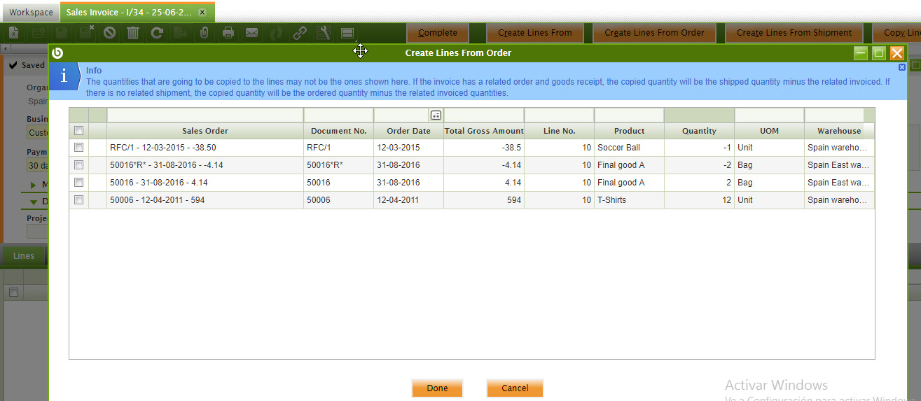 Create Invoice Lines From Order P&E